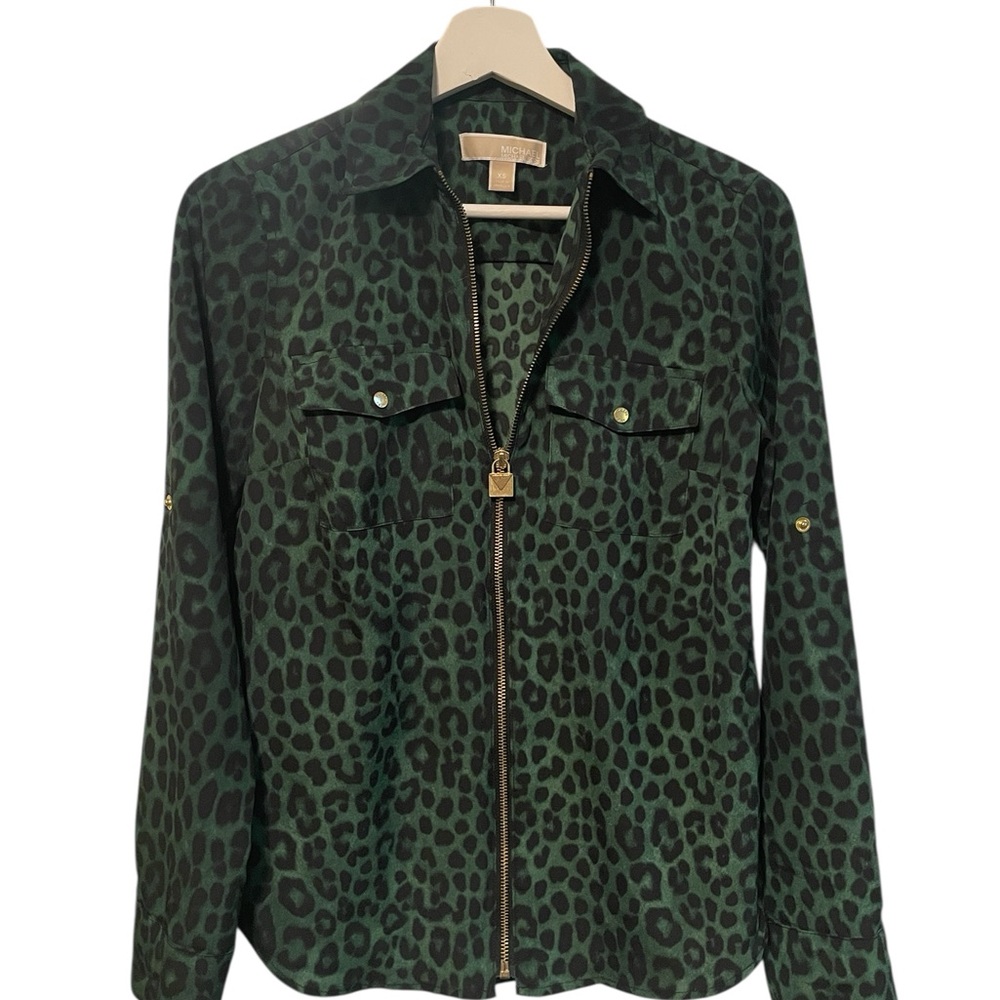 Michael Kors Dark Green and Black Leopard-Print Zip Jacket